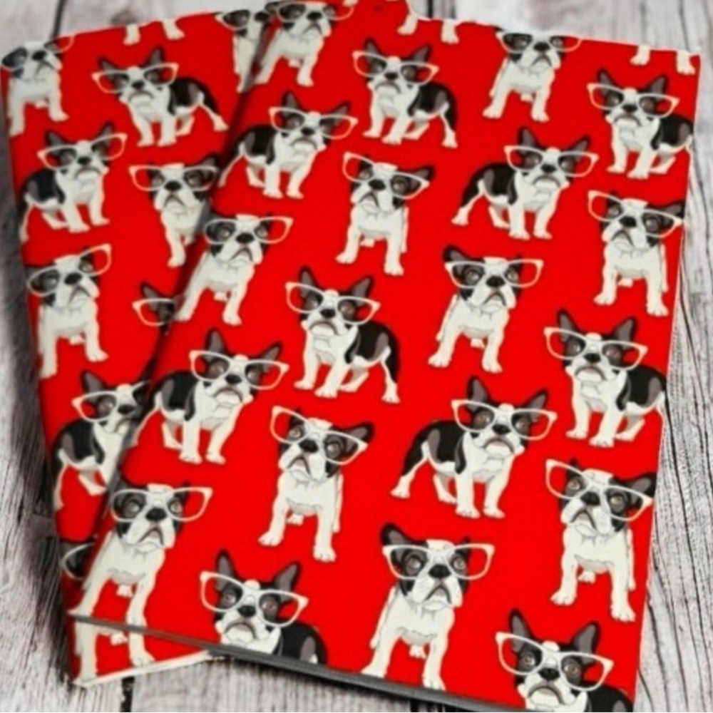 Rare HTF French Boxer Pups Wearing Glasses Set of 2 Red Purse Sized Journals